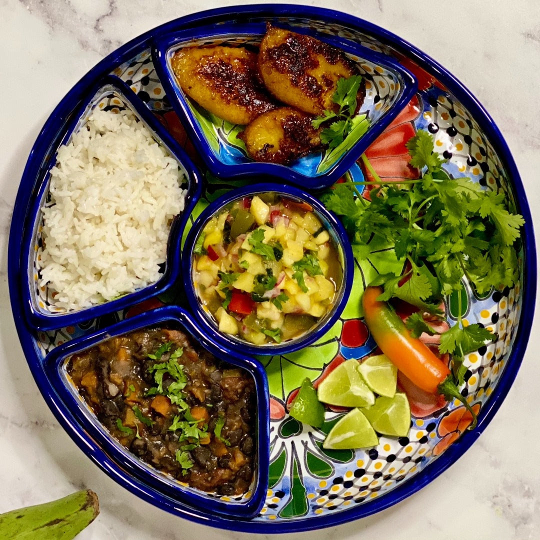 Plantain-Black Bean Cuban Bowl:Simple, spicy-sweet, super flavorful bowl. Smoky protein loaded black beans served on a bed of warm fluffy rice topped with caramelized sweet and spicy plantains and zesty, refreshing, tangy mango salsa.
