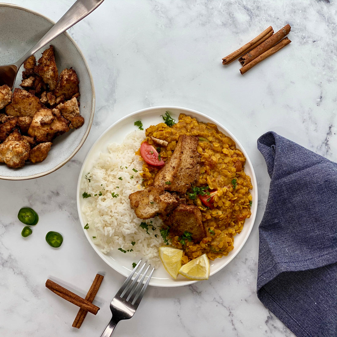 Indian Spiced Dal with Tofu Chicken