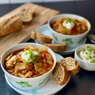 Unstuffed Cabbage Rolls: Delicious, warming, healthy and filling cabbage stew full of great flavors and nutrition. Protein loaded lentils, cabbage, onions, garlic, brown rice  simmered in tomato sauce with flavorful spice mix.